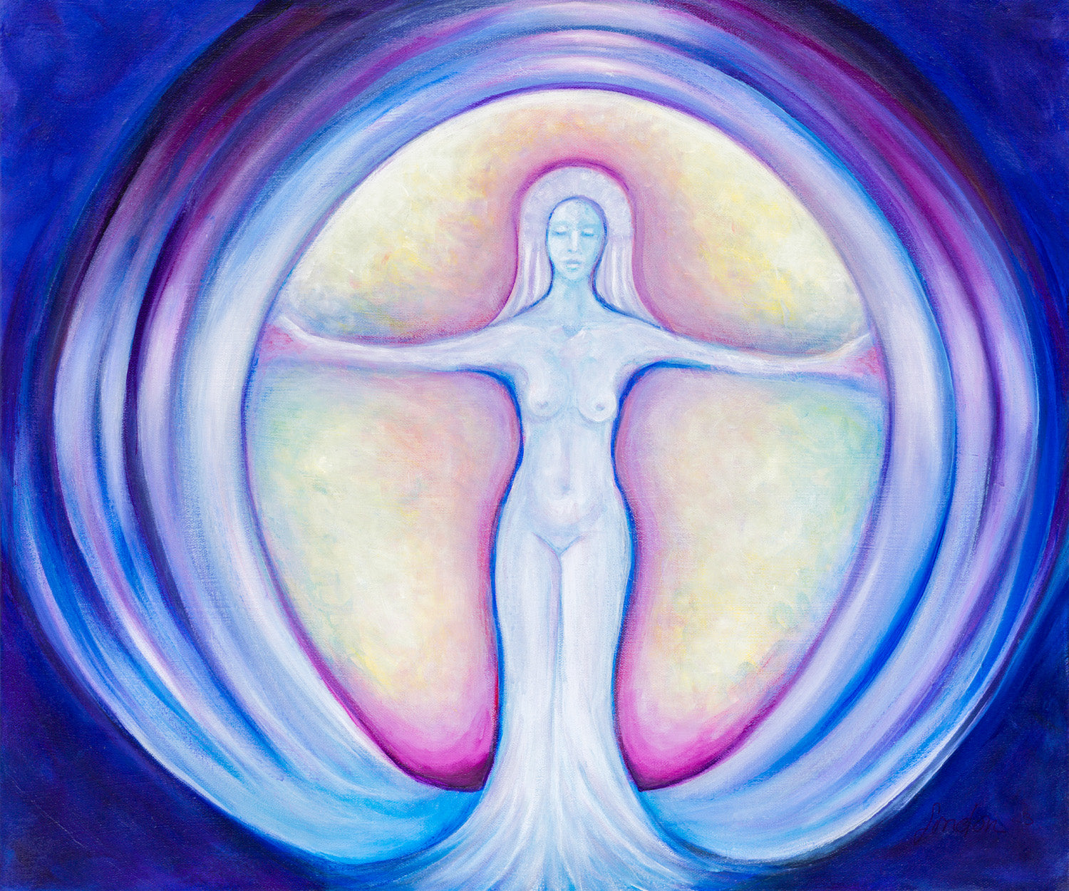 print of oroiginal artwork of nude female surrounded by blue and purple halo